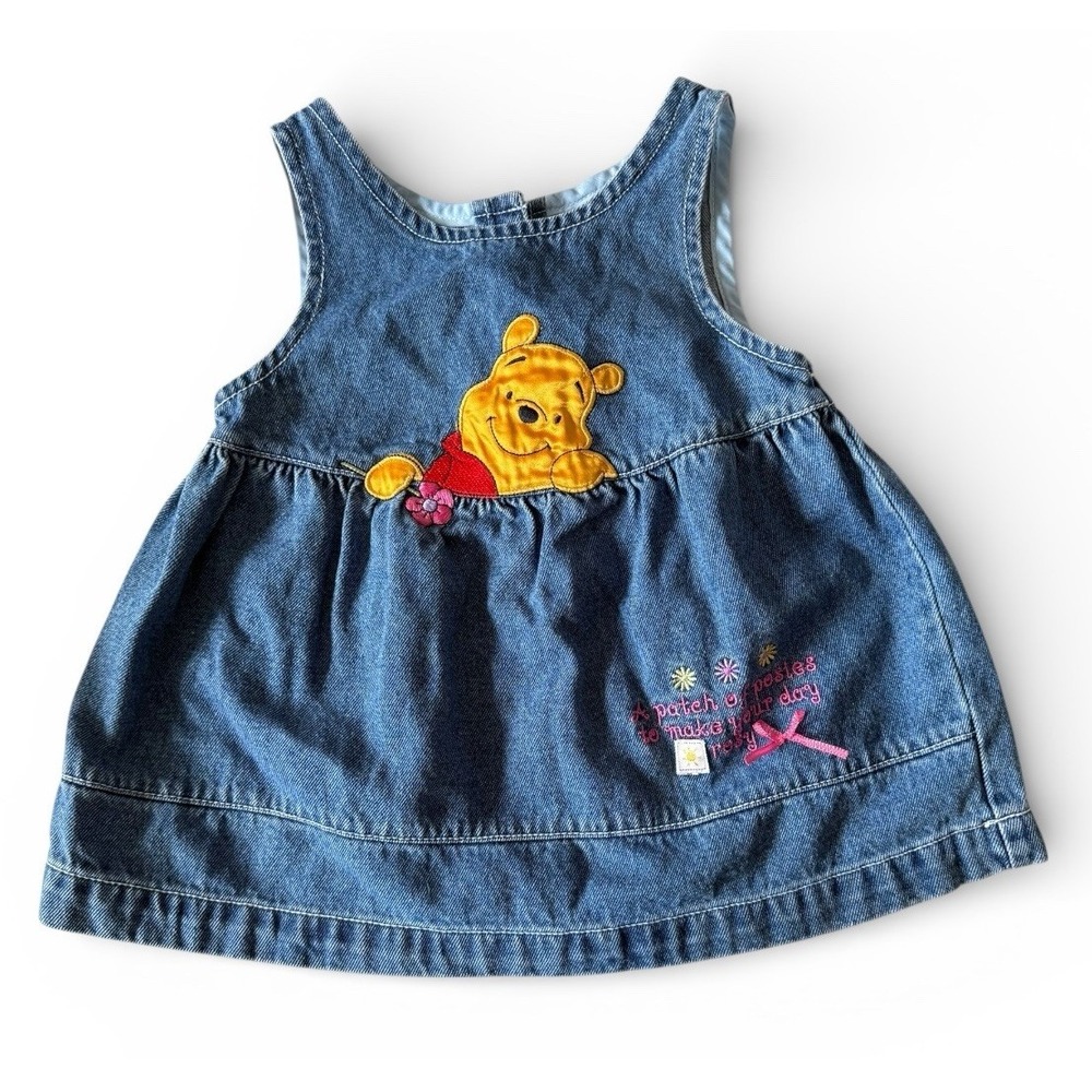Y2K Winnie the Pooh Disney Denim Jumper Dress Sz.‎ 6 Mos 100 Acre